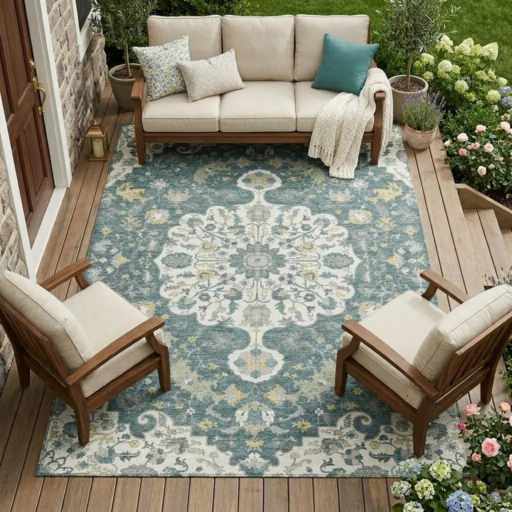 9' X 12' Teal Blue And Beige Floral Medallion Washable Indoor Outdoor Area Rug Homeroots Outdoor