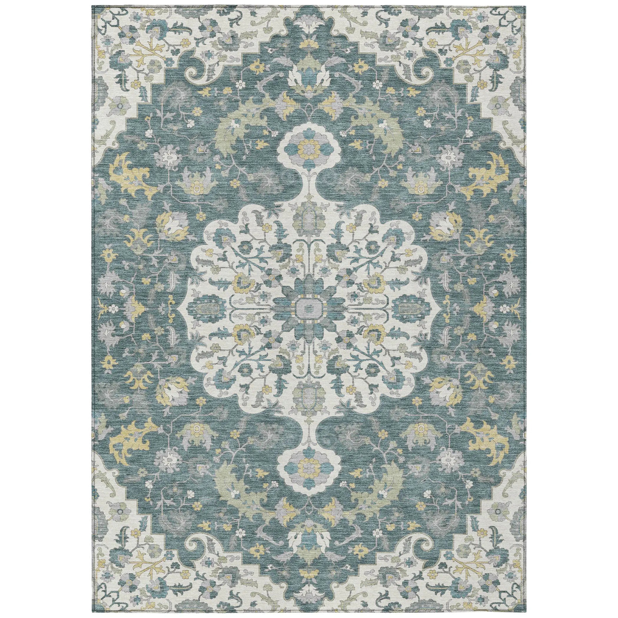 9' X 12' Teal Blue And Beige Floral Medallion Washable Indoor Outdoor Area Rug Homeroots Outdoor