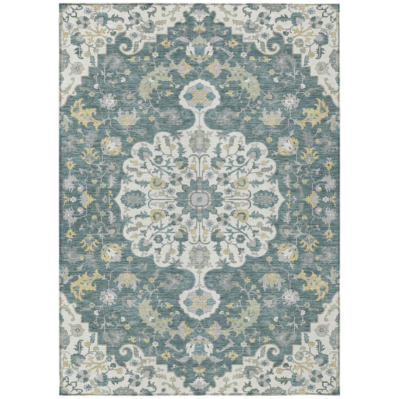 9' X 12' Teal Blue And Beige Floral Medallion Washable Indoor Outdoor Area Rug Homeroots Outdoor