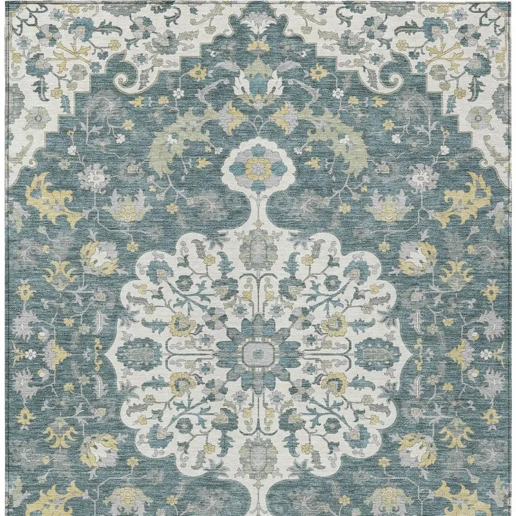 9' X 12' Teal Blue And Beige Floral Medallion Washable Indoor Outdoor Area Rug Homeroots Outdoor