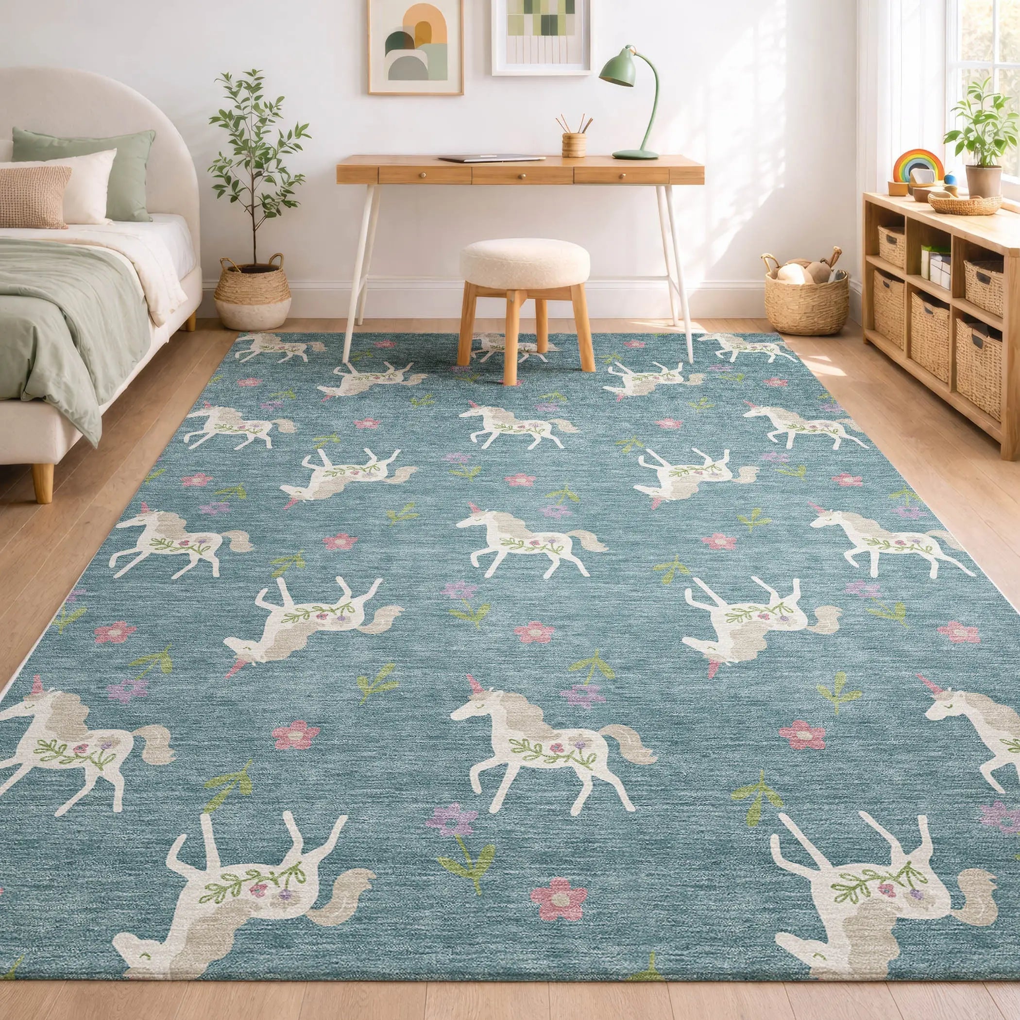 9' X 12' Teal Blue And Beige Floral Washable Indoor Outdoor Area Rug Homeroots Outdoor