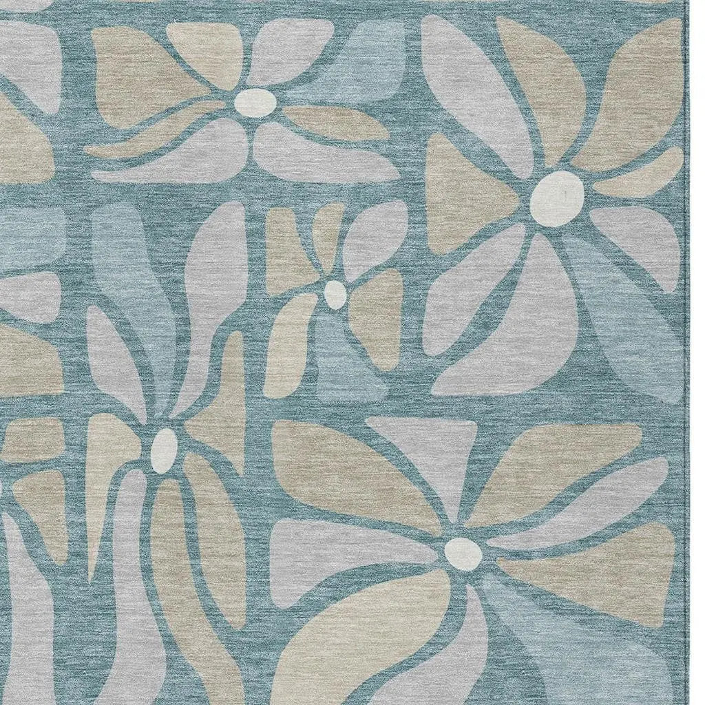 9' X 12' Teal Blue And Beige Floral Washable Indoor Outdoor Area Rug Homeroots Outdoor