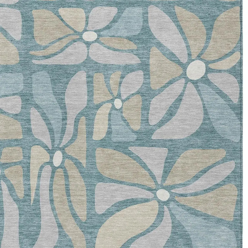 9' X 12' Teal Blue And Beige Floral Washable Indoor Outdoor Area Rug Homeroots Outdoor