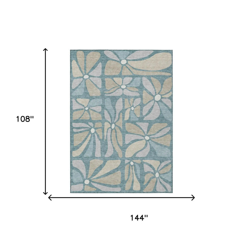 9' X 12' Teal Blue And Beige Floral Washable Indoor Outdoor Area Rug Homeroots Outdoor