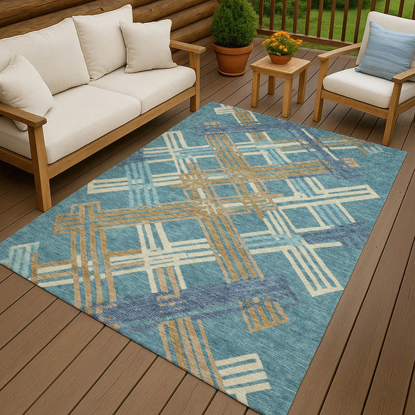 9' X 12' Teal Blue And Beige Geometric Washable Indoor Outdoor Area Rug Homeroots Outdoor