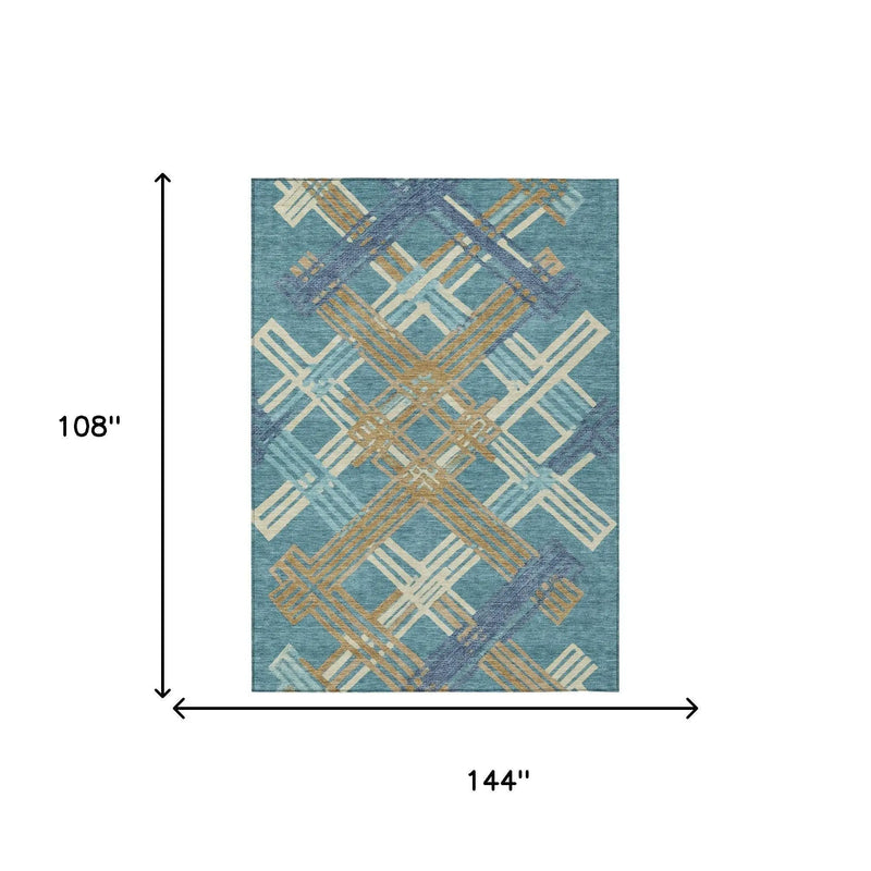 9' X 12' Teal Blue And Beige Geometric Washable Indoor Outdoor Area Rug Homeroots Outdoor