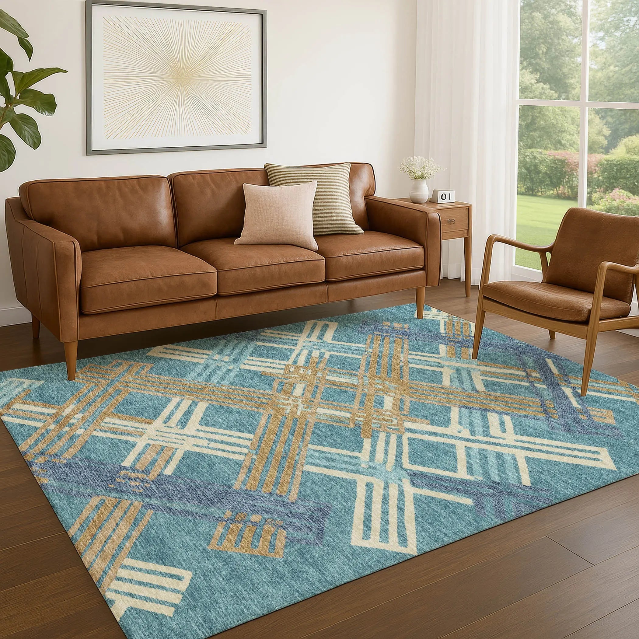 9' X 12' Teal Blue And Beige Geometric Washable Indoor Outdoor Area Rug Homeroots Outdoor