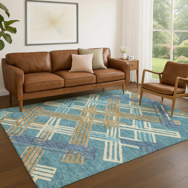 9' X 12' Teal Blue And Beige Geometric Washable Indoor Outdoor Area Rug Homeroots Outdoor