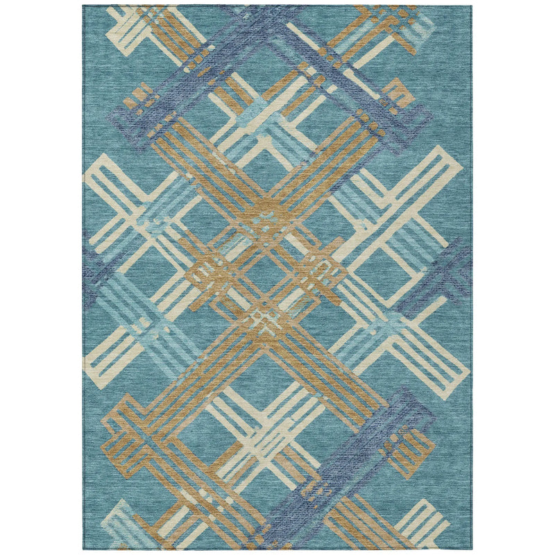 9' X 12' Teal Blue And Beige Geometric Washable Indoor Outdoor Area Rug Homeroots Outdoor