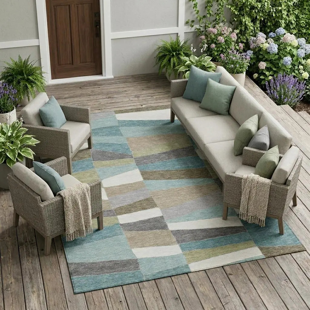 9' X 12' Teal Blue And Beige Geometric Washable Indoor Outdoor Area Rug Homeroots Outdoor