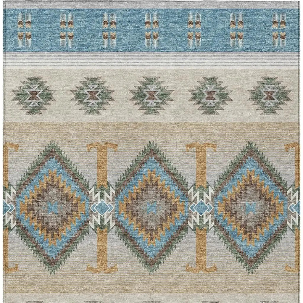 9' X 12' Teal Blue And Beige Southwestern Washable Indoor Outdoor Area Rug Homeroots Outdoor
