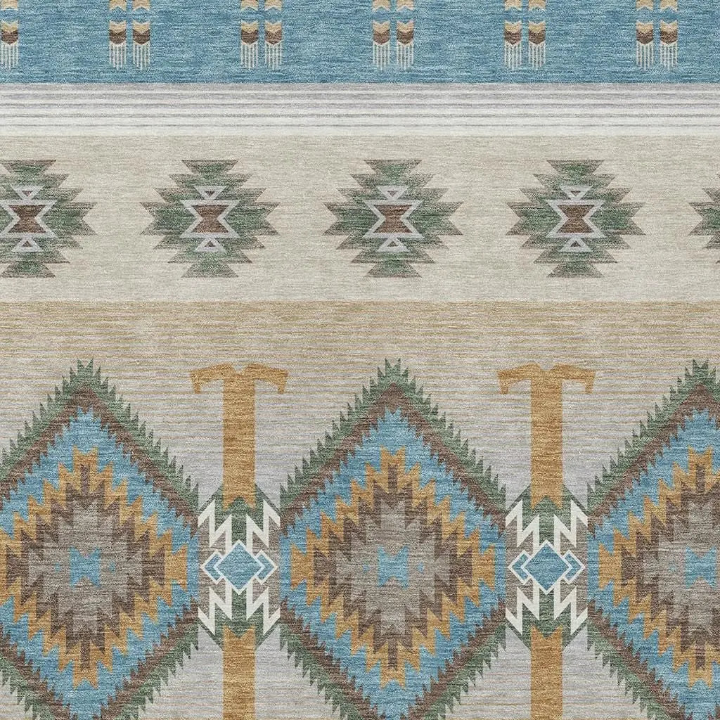 9' X 12' Teal Blue And Beige Southwestern Washable Indoor Outdoor Area Rug Homeroots Outdoor