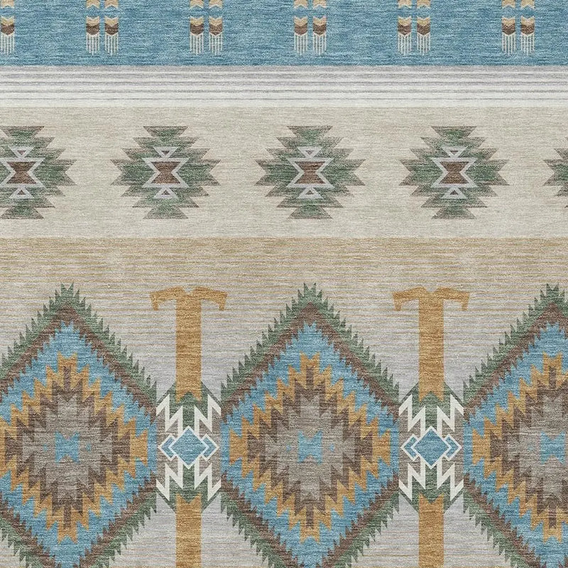 9' X 12' Teal Blue And Beige Southwestern Washable Indoor Outdoor Area Rug Homeroots Outdoor
