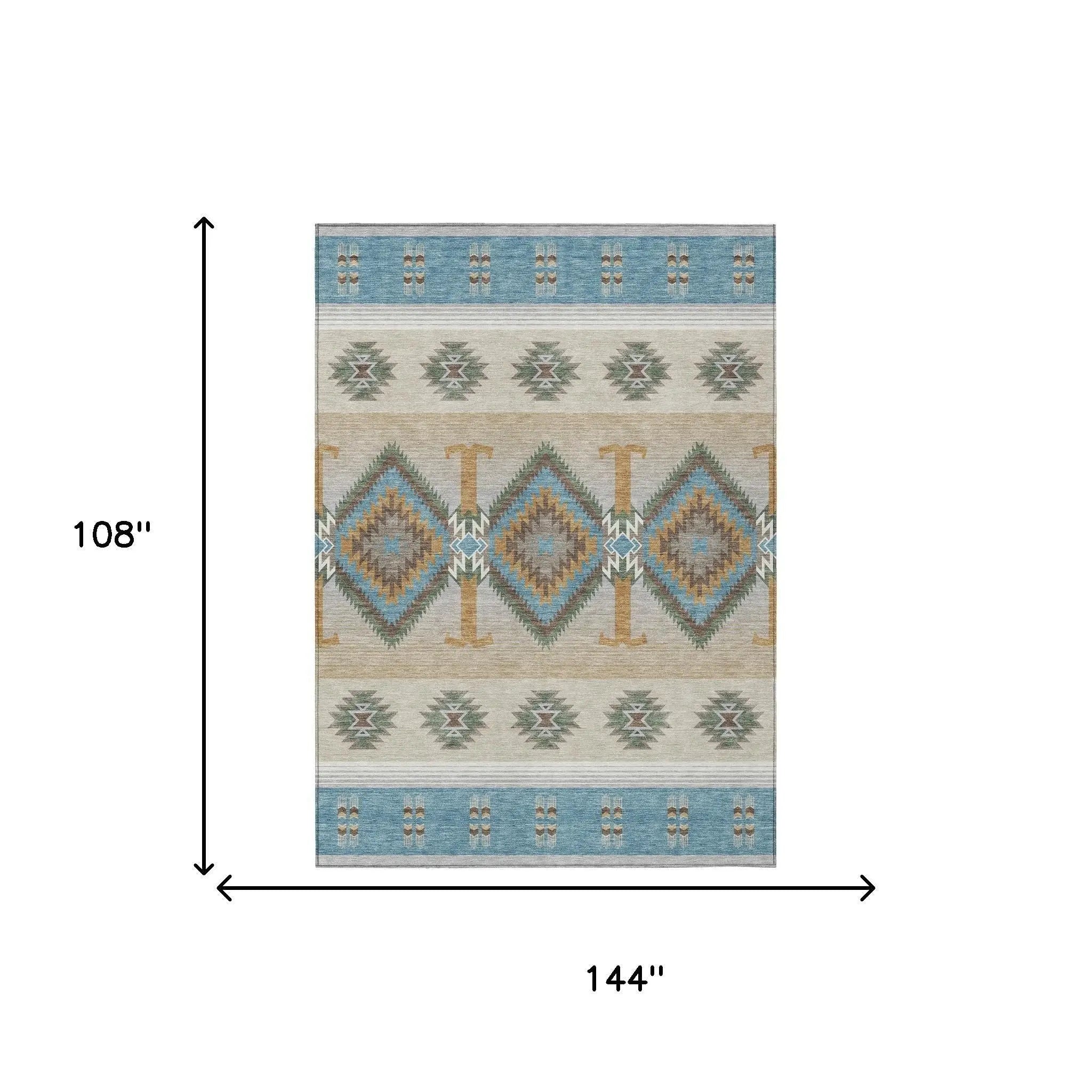 9' X 12' Teal Blue And Beige Southwestern Washable Indoor Outdoor Area Rug Homeroots Outdoor