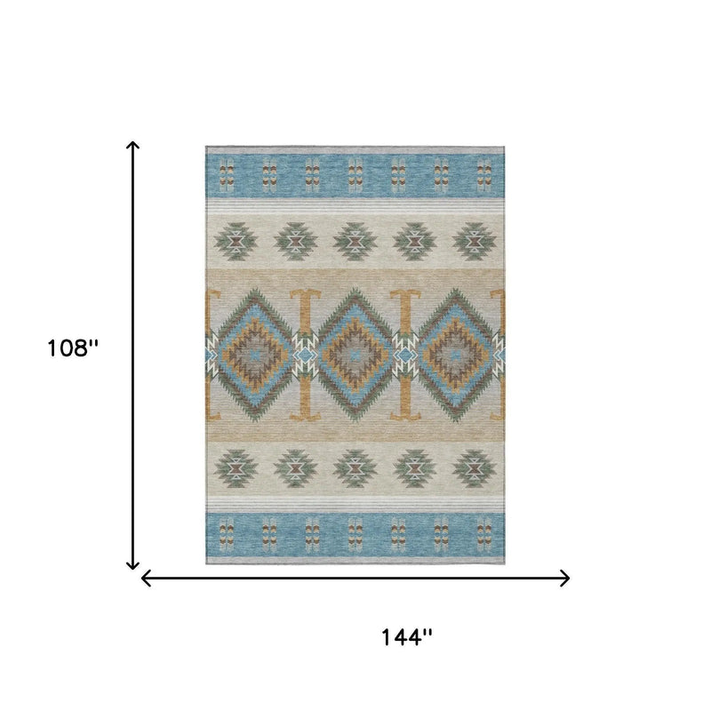9' X 12' Teal Blue And Beige Southwestern Washable Indoor Outdoor Area Rug Homeroots Outdoor