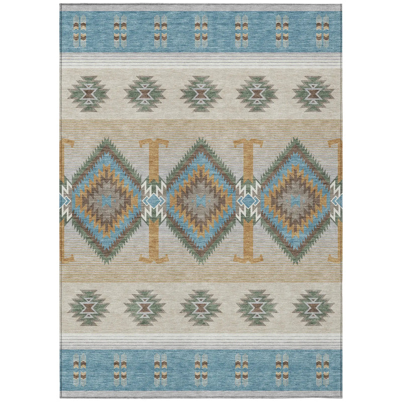 9' X 12' Teal Blue And Beige Southwestern Washable Indoor Outdoor Area Rug Homeroots Outdoor