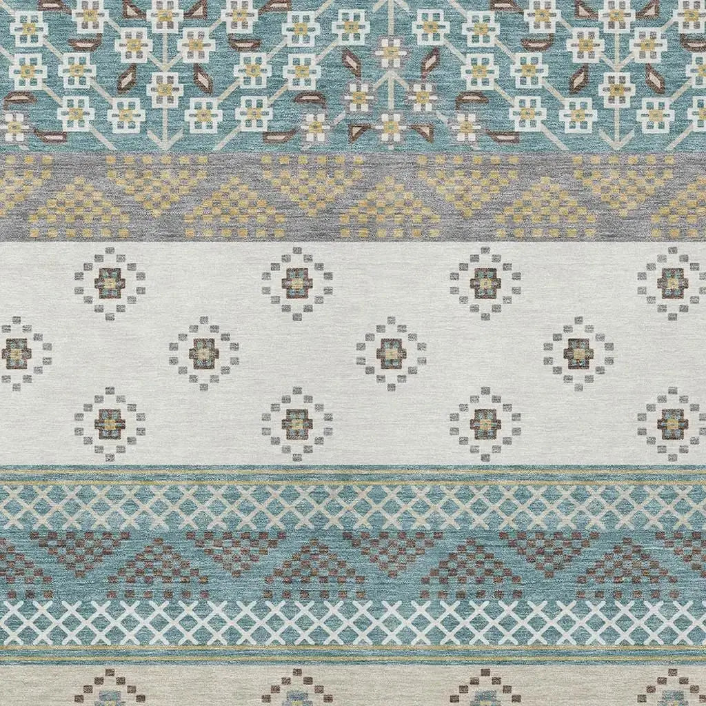 9' X 12' Teal Blue And Beige Striped Washable Indoor Outdoor Area Rug Homeroots Outdoor