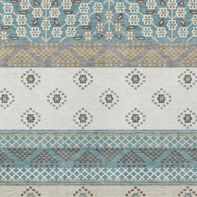 9' X 12' Teal Blue And Beige Striped Washable Indoor Outdoor Area Rug Homeroots Outdoor