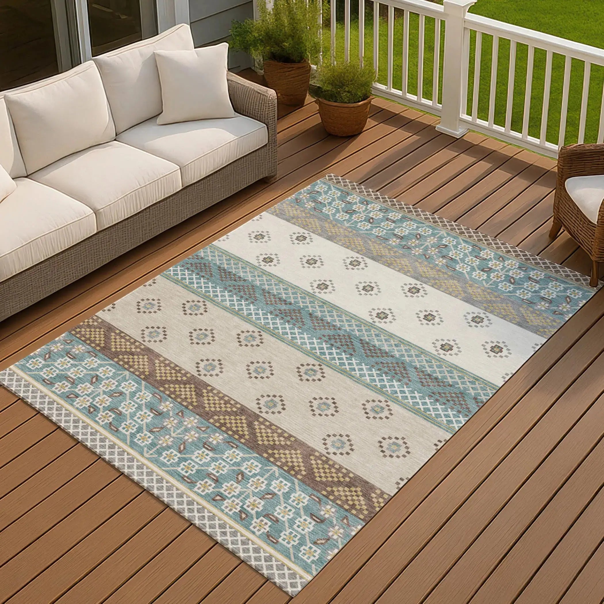 9' X 12' Teal Blue And Beige Striped Washable Indoor Outdoor Area Rug Homeroots Outdoor