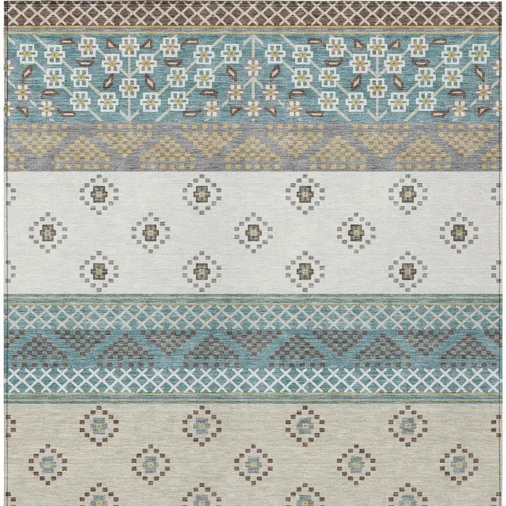 9' X 12' Teal Blue And Beige Striped Washable Indoor Outdoor Area Rug Homeroots Outdoor
