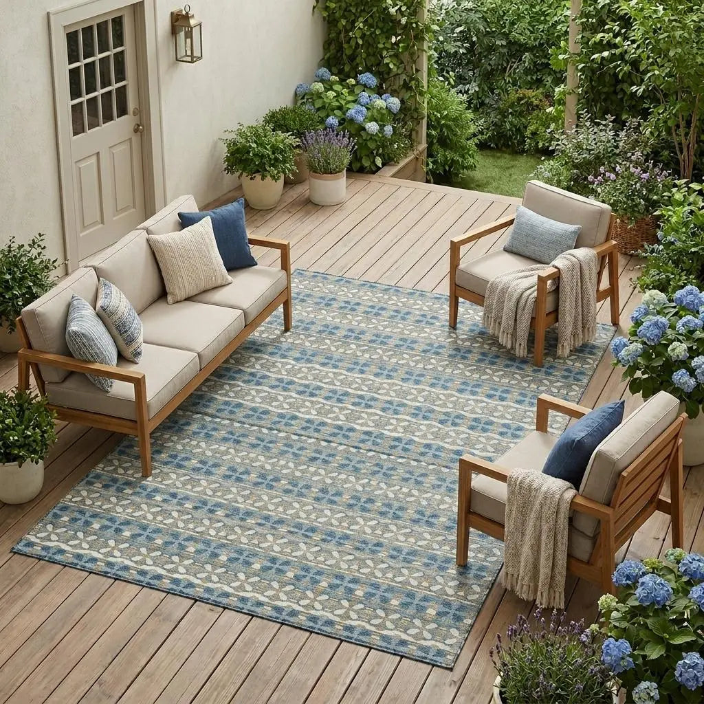 9' X 12' Teal Blue And Black Striped Washable Indoor Outdoor Area Rug Homeroots Outdoor