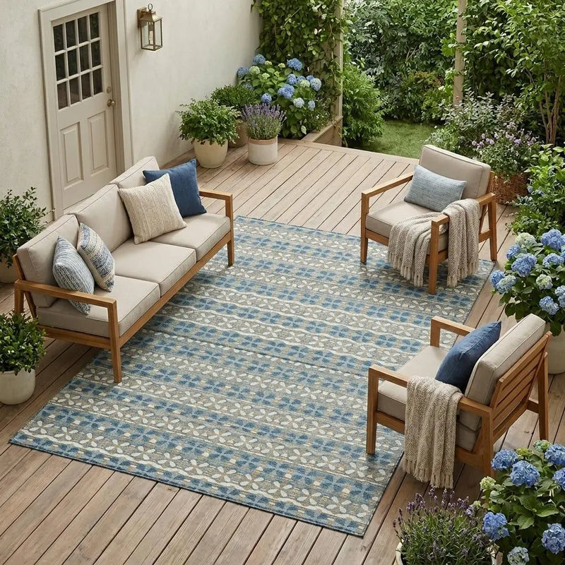 9' X 12' Teal Blue And Black Striped Washable Indoor Outdoor Area Rug Homeroots Outdoor