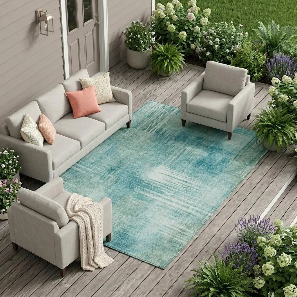 9' X 12' Teal Blue And Blue Abstract Washable Indoor Outdoor Area Rug Homeroots Outdoor