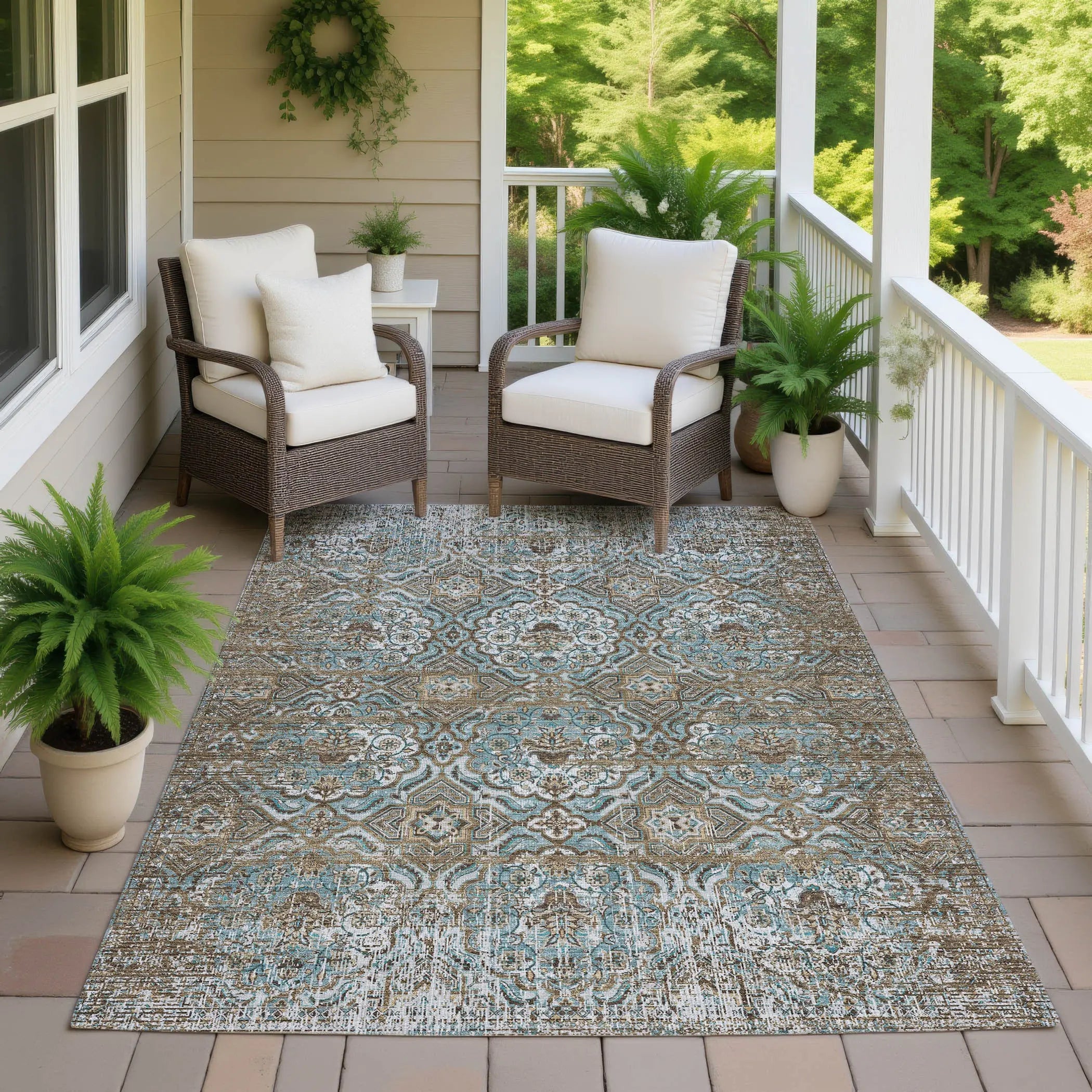 9' X 12' Teal Blue And Blue Floral Washable Indoor Outdoor Area Rug Homeroots Outdoor