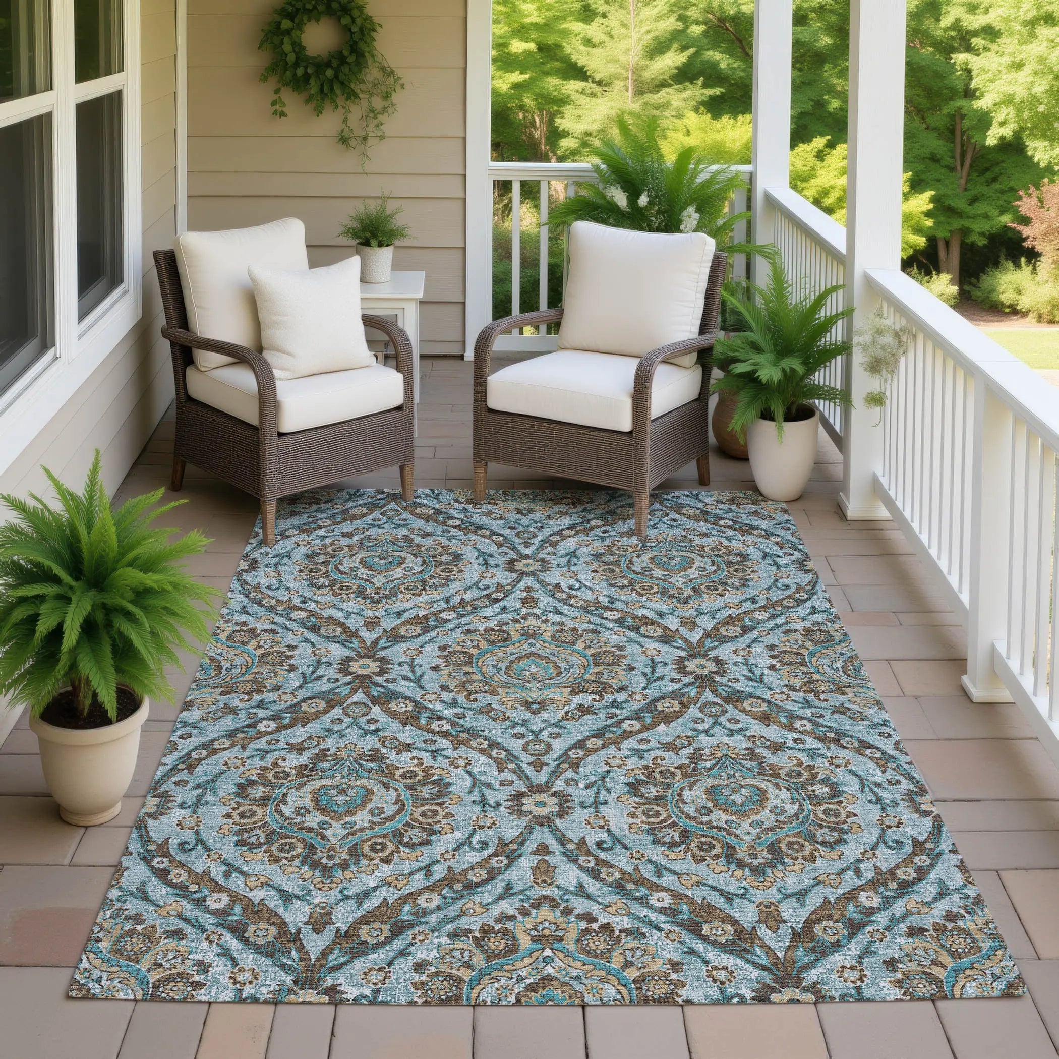 9' X 12' Teal Blue And Blue Floral Washable Indoor Outdoor Area Rug Homeroots Outdoor