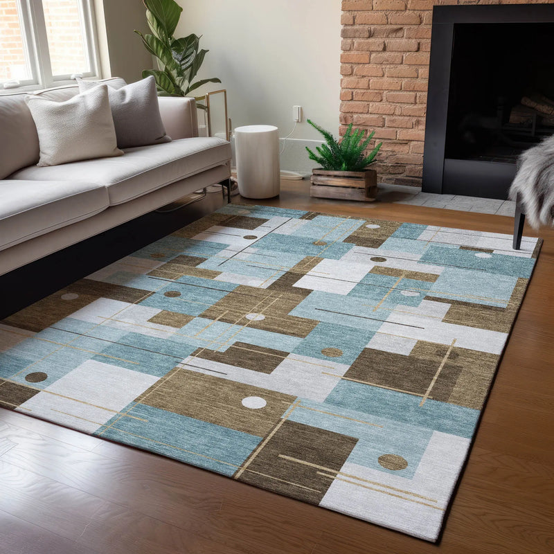9' X 12' Teal Blue And Blue Geometric Washable Indoor Outdoor Area Rug Homeroots Outdoor