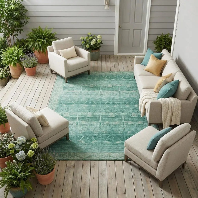 9' X 12' Teal Blue And Blue Tribal Washable Indoor Outdoor Area Rug Homeroots Outdoor