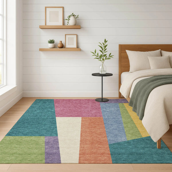 9' X 12' Teal Blue And Blush Geometric Washable Indoor Outdoor Area Rug Homeroots Outdoor