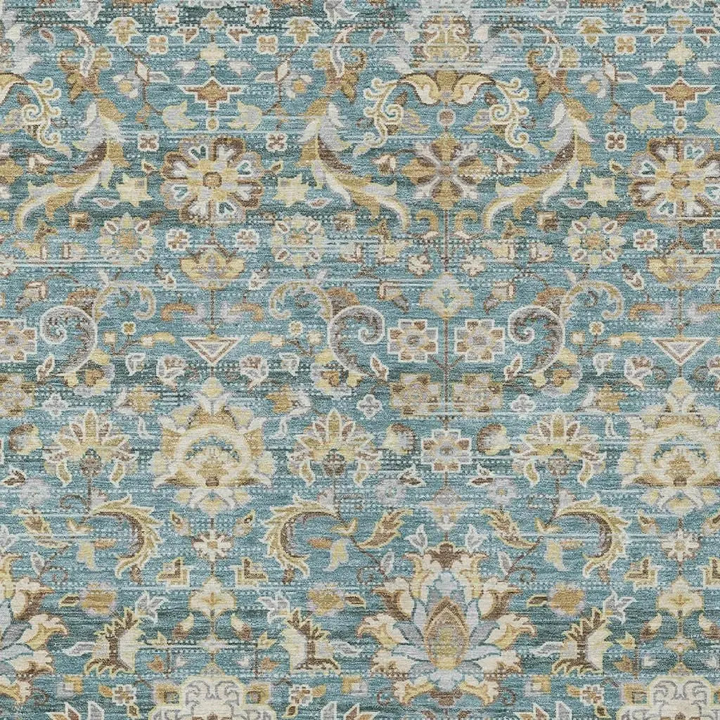 9' X 12' Teal Blue And Brown Floral Medallion Washable Indoor Outdoor Area Rug Homeroots Outdoor