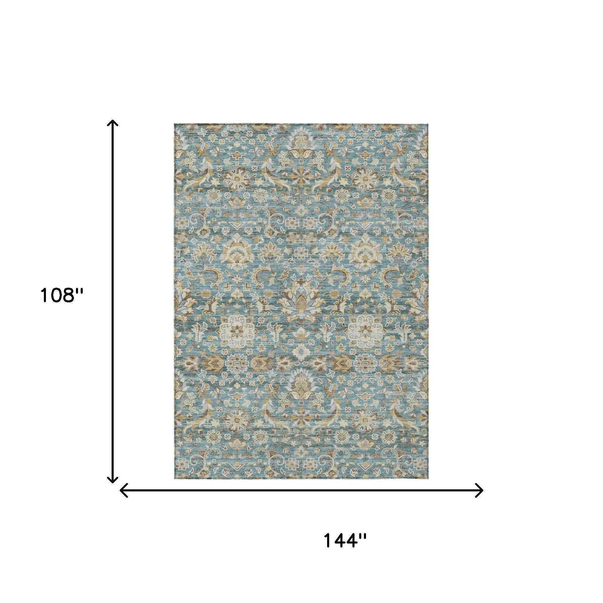 9' X 12' Teal Blue And Brown Floral Medallion Washable Indoor Outdoor Area Rug Homeroots Outdoor
