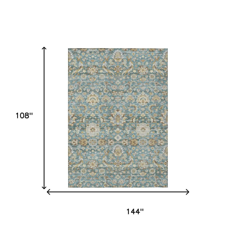 9' X 12' Teal Blue And Brown Floral Medallion Washable Indoor Outdoor Area Rug Homeroots Outdoor