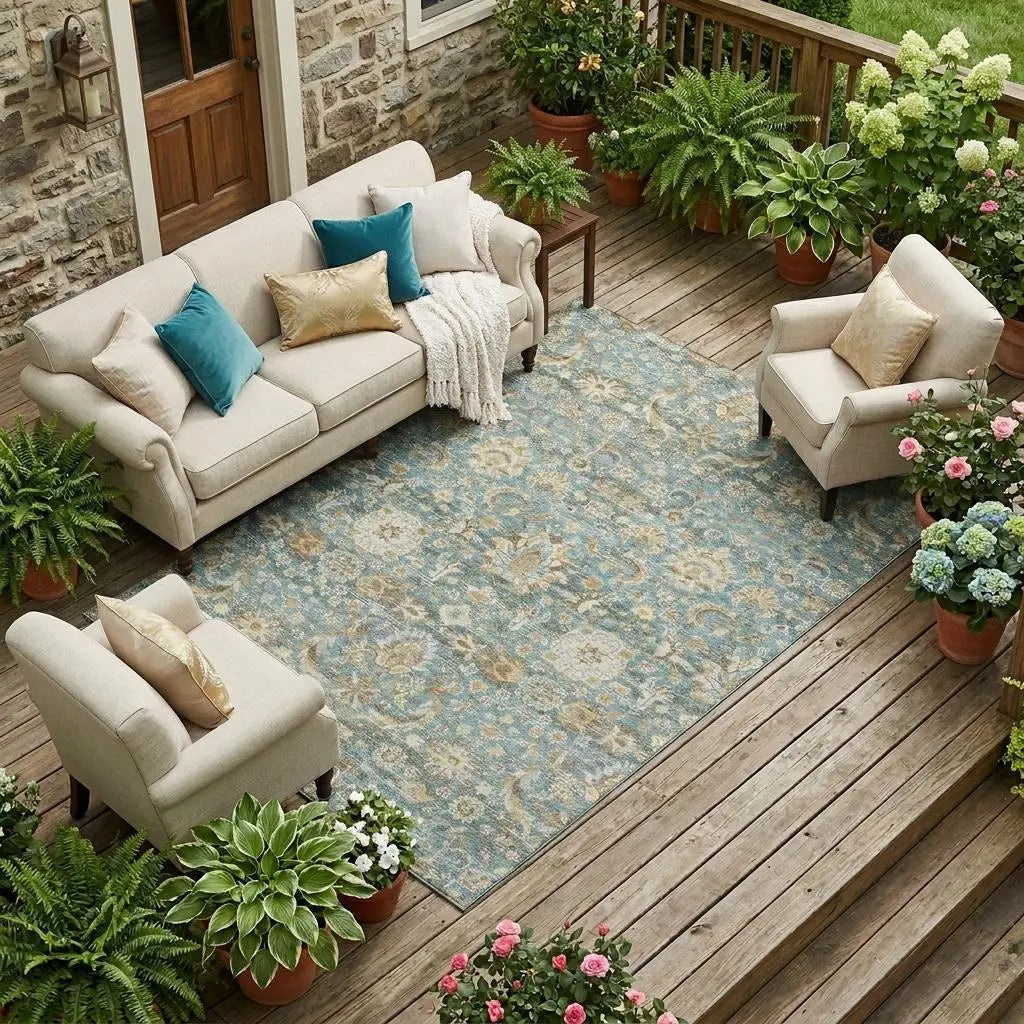 9' X 12' Teal Blue And Brown Floral Medallion Washable Indoor Outdoor Area Rug Homeroots Outdoor