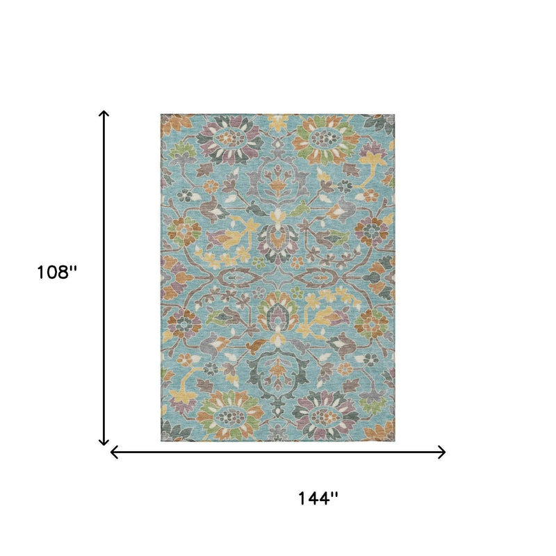 9' X 12' Teal Blue And Brown Floral Washable Indoor Outdoor Area Rug Homeroots Outdoor