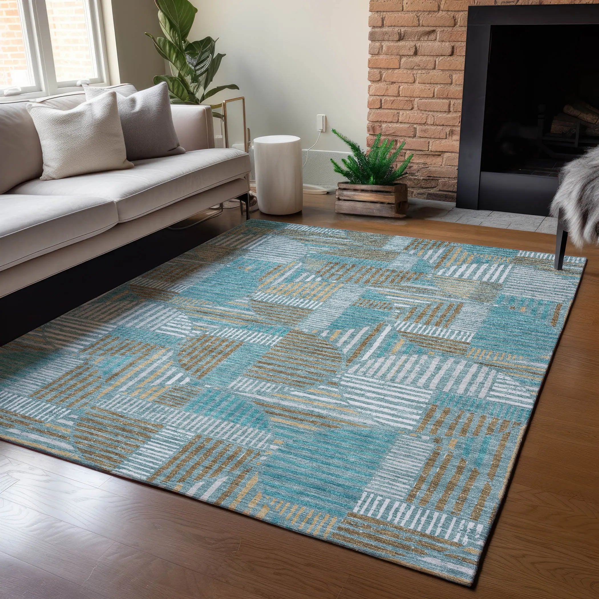 9' X 12' Teal Blue And Brown Geometric Washable Indoor Outdoor Area Rug Homeroots Outdoor