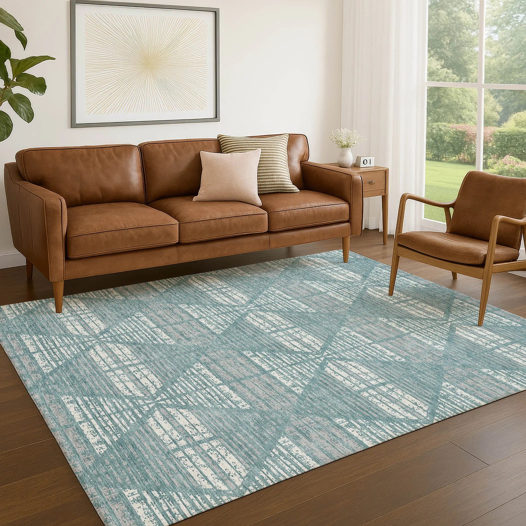 9' X 12' Teal Blue And Brown Geometric Washable Indoor Outdoor Area Rug Homeroots Outdoor