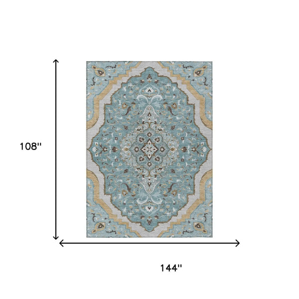 9' X 12' Teal Blue And Brown Medallion Washable Indoor Outdoor Area Rug Homeroots Outdoor