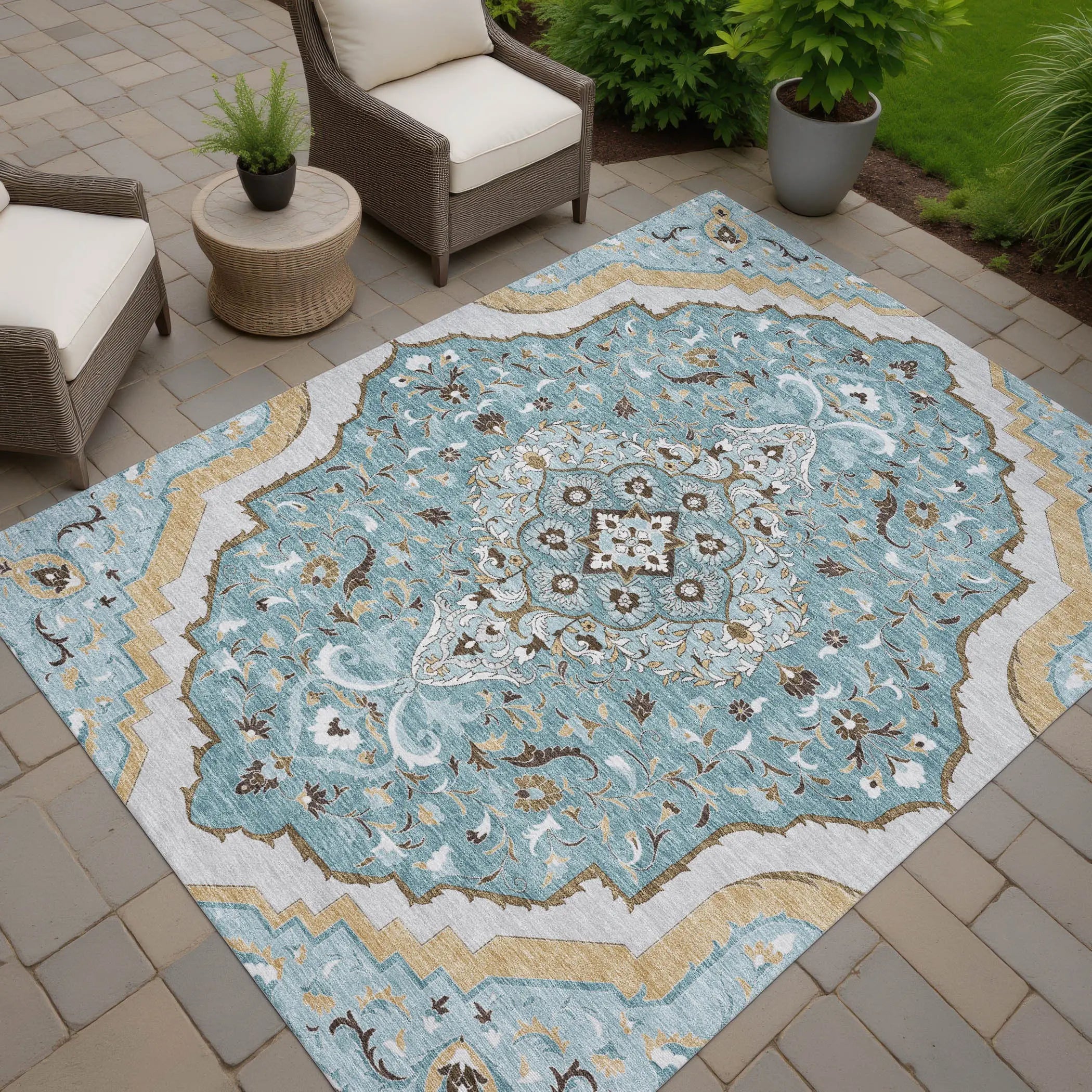 9' X 12' Teal Blue And Brown Medallion Washable Indoor Outdoor Area Rug Homeroots Outdoor