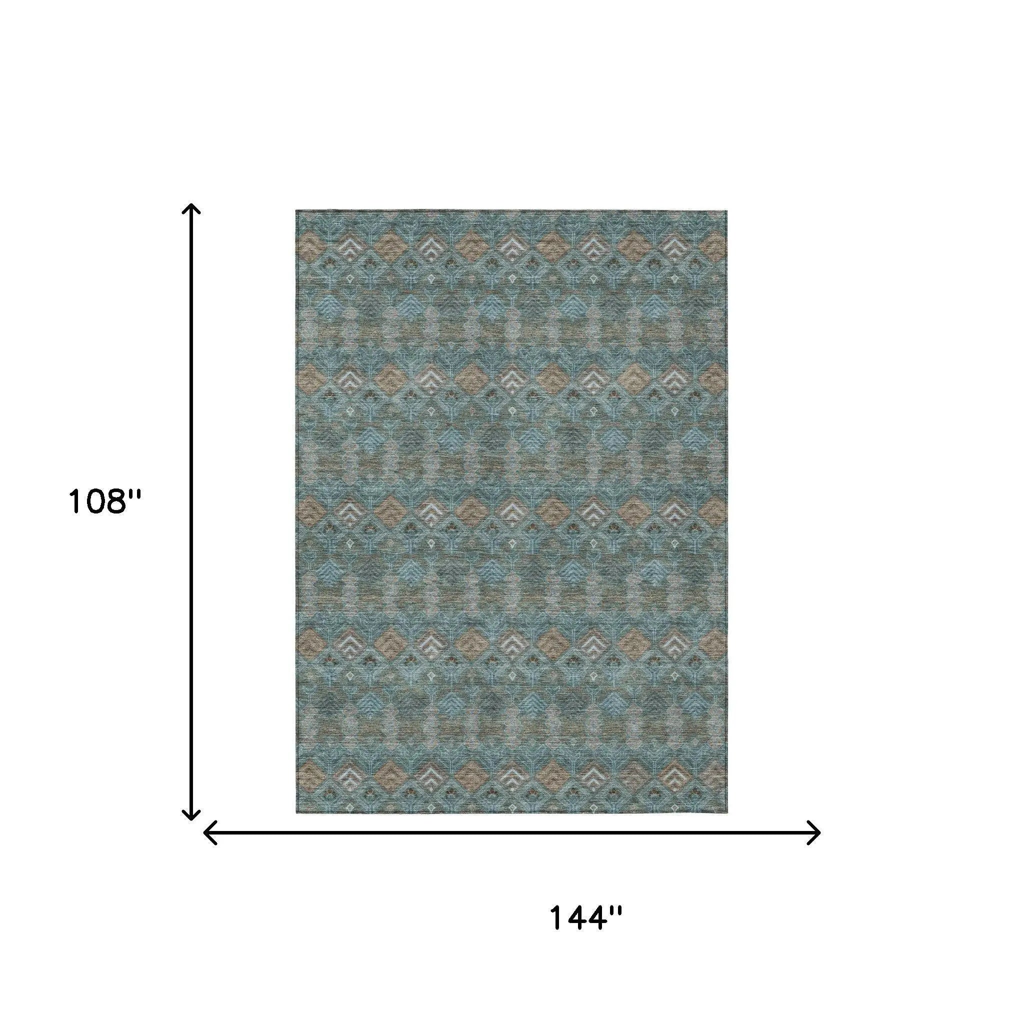 9' X 12' Teal Blue And Charcoal Geometric Washable Indoor Outdoor Area Rug Homeroots Outdoor