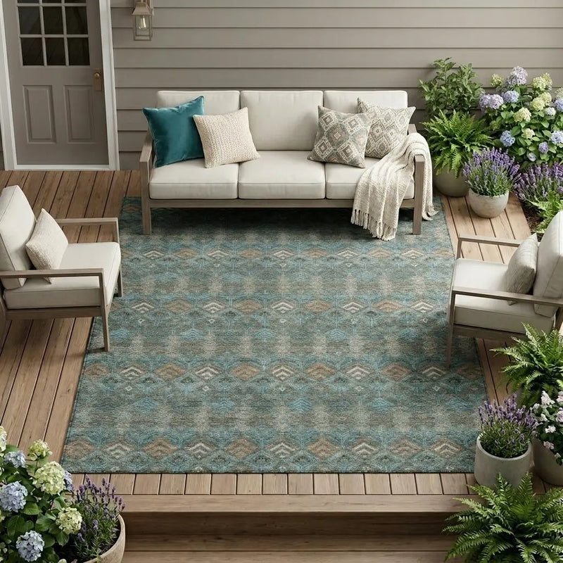 9' X 12' Teal Blue And Charcoal Geometric Washable Indoor Outdoor Area Rug Homeroots Outdoor