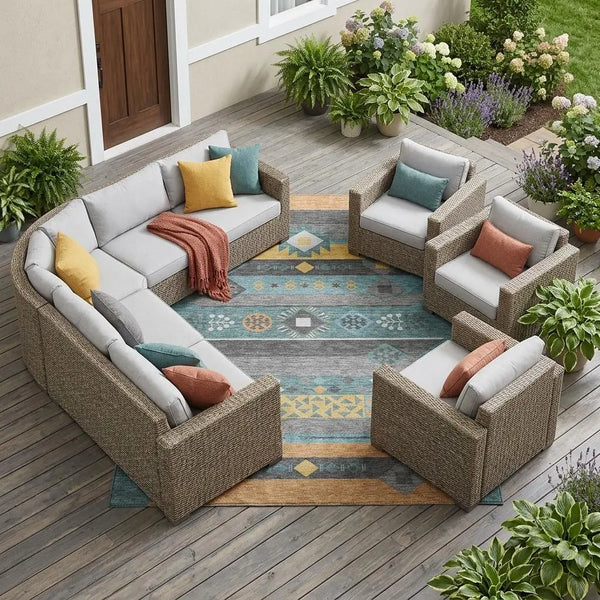 9' X 12' Teal Blue And Copper Geometric Washable Indoor Outdoor Area Rug Homeroots Outdoor