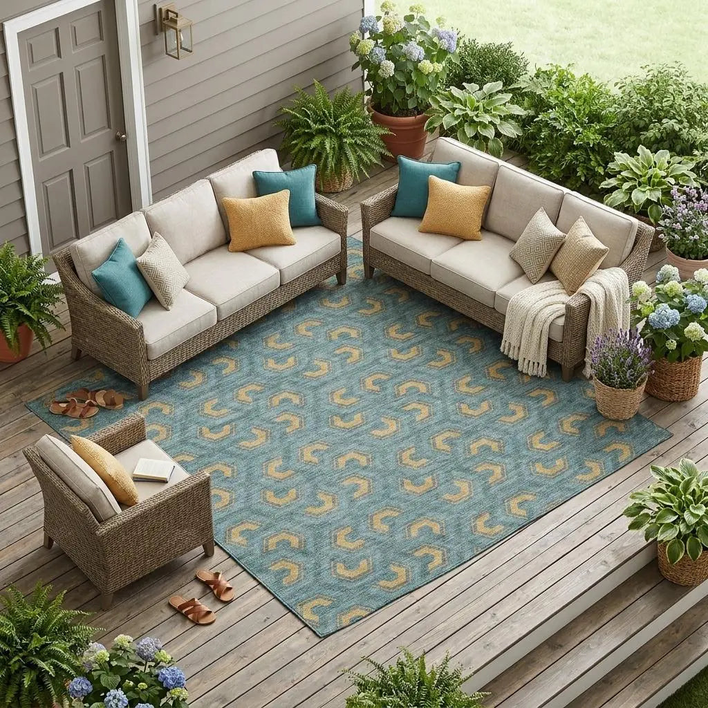 9' X 12' Teal Blue And Copper Geometric Washable Indoor Outdoor Area Rug Homeroots Outdoor