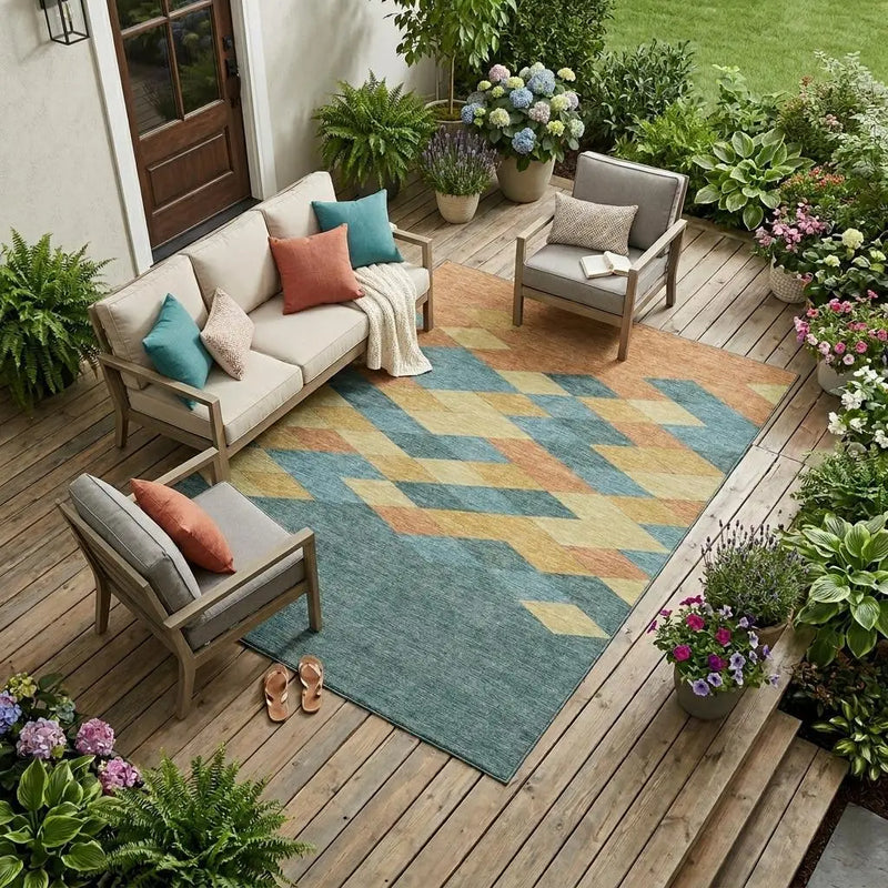 9' X 12' Teal Blue And Copper Geometric Washable Indoor Outdoor Area Rug Homeroots Outdoor