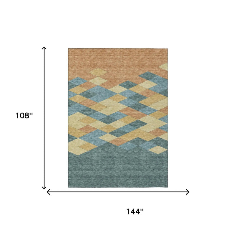 9' X 12' Teal Blue And Copper Geometric Washable Indoor Outdoor Area Rug Homeroots Outdoor