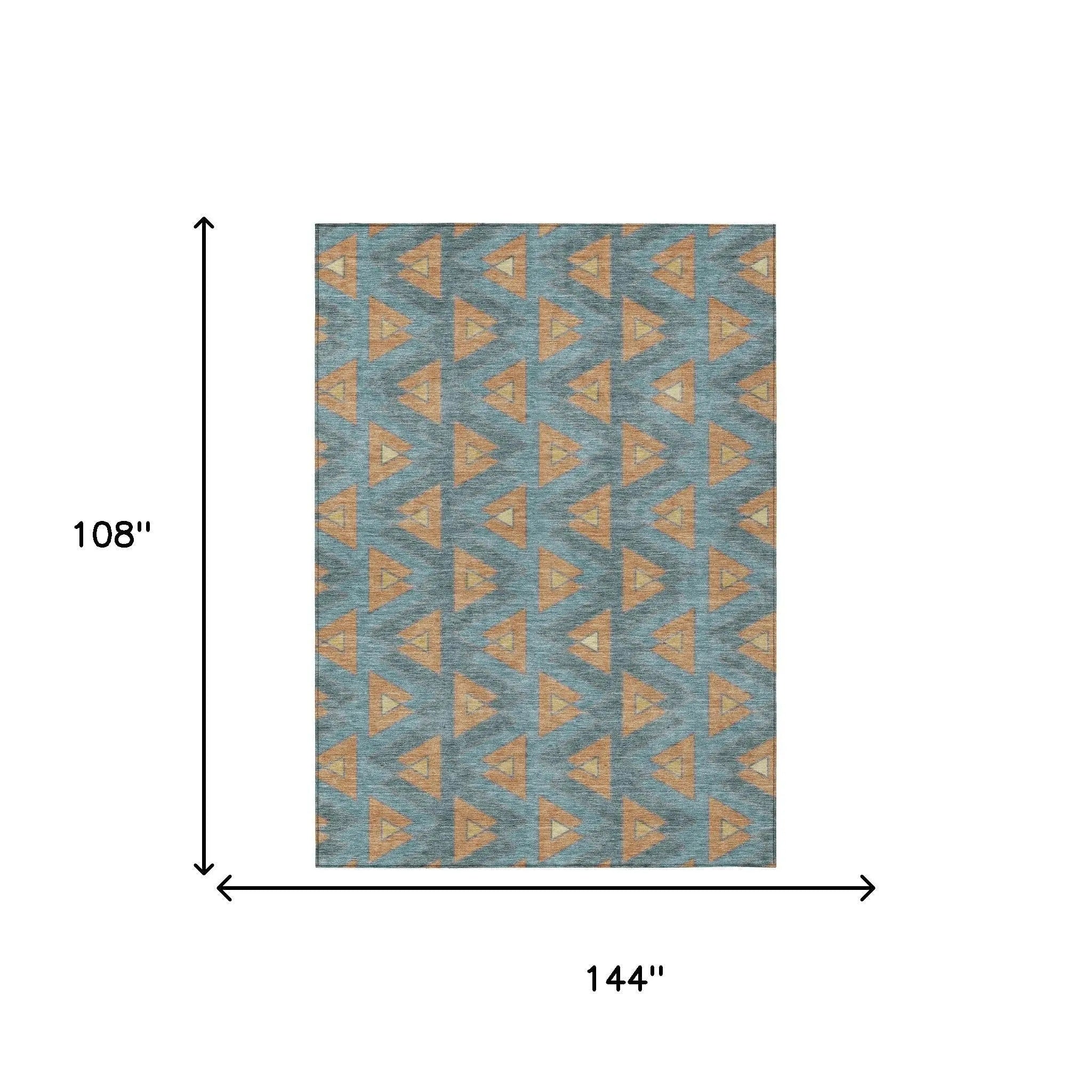 9' X 12' Teal Blue And Copper Geometric Washable Indoor Outdoor Area Rug Homeroots Outdoor