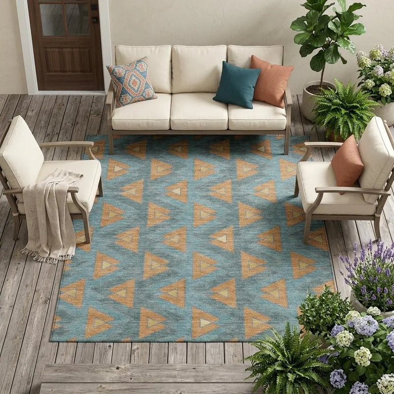 9' X 12' Teal Blue And Copper Geometric Washable Indoor Outdoor Area Rug Homeroots Outdoor