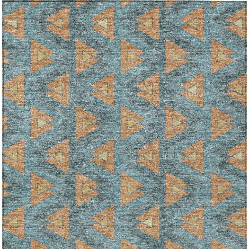 9' X 12' Teal Blue And Copper Geometric Washable Indoor Outdoor Area Rug Homeroots Outdoor